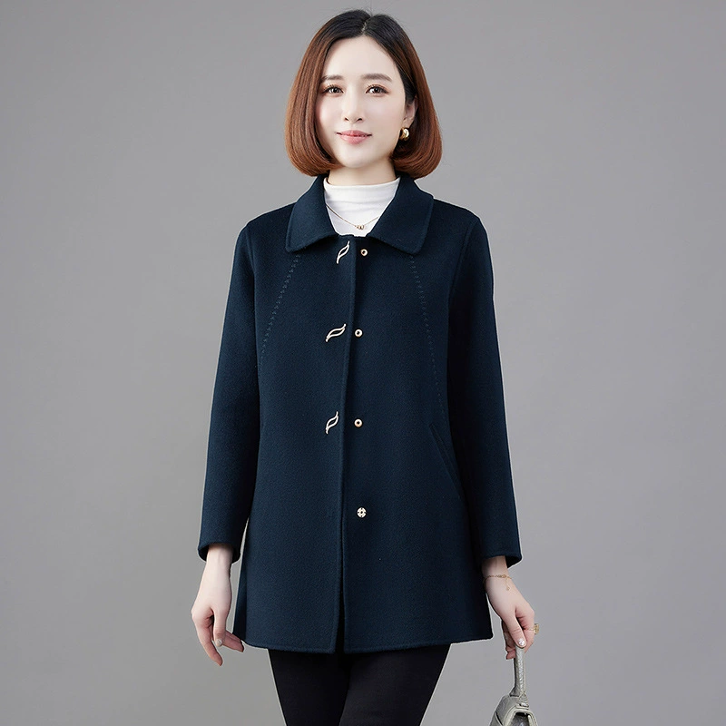 Double-Sided Velvet Wool Coat for Mothers - Demi-Season, Plus Size, Classic Collar, Cozy Warmth