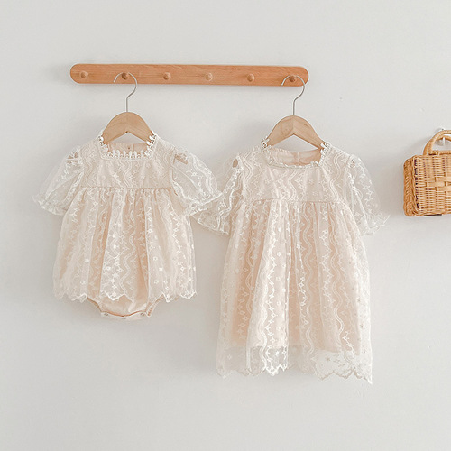 Summer New Lace Edge Short Sleeve Baby Girls' Korean Style Sister Set Girls' Princess Dress Net Fabric Tunic