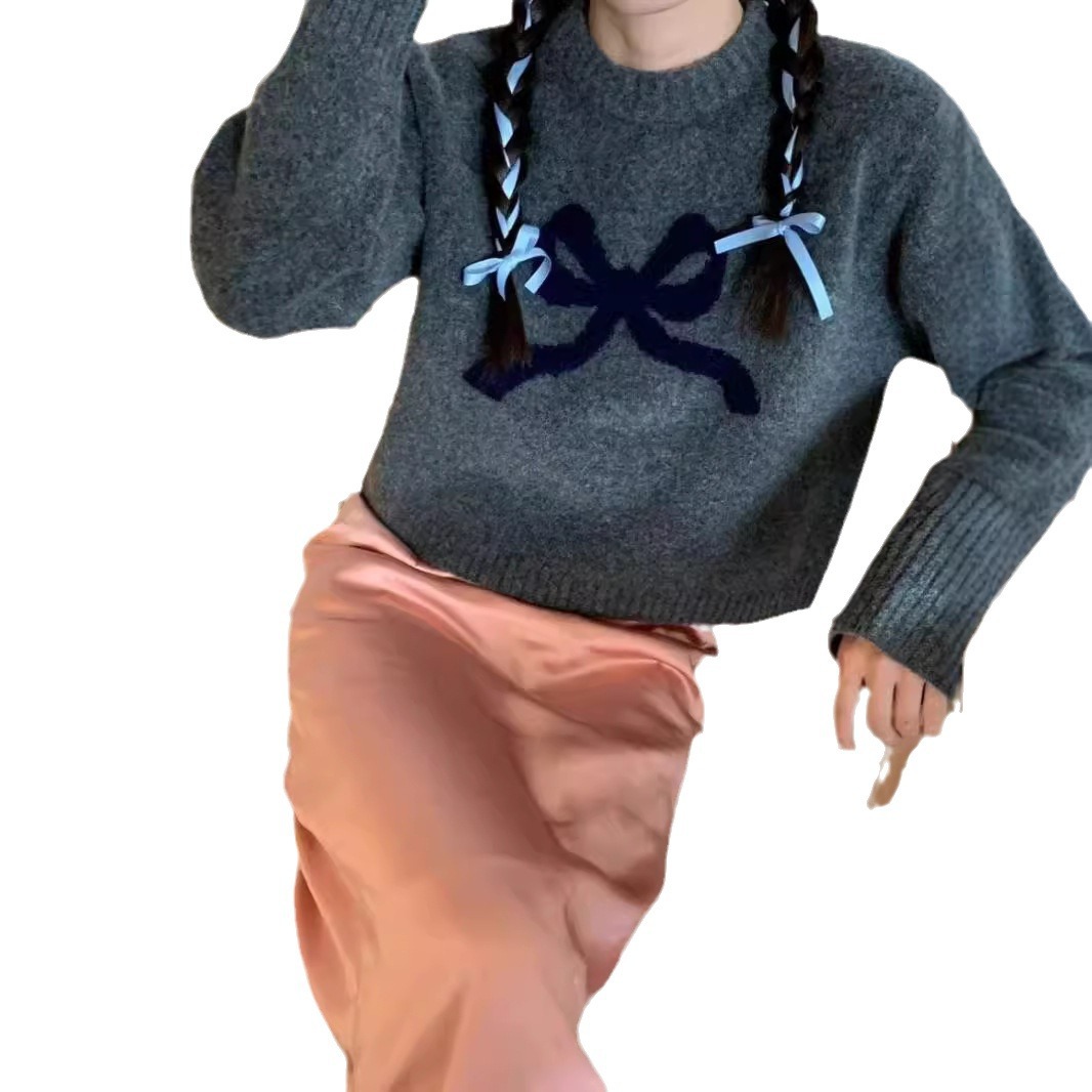 (2개) 2024 가을 새 한국 디자이너 귀여운 가리 활 크루 넥 니트 짧은 긴 소매 스웨터