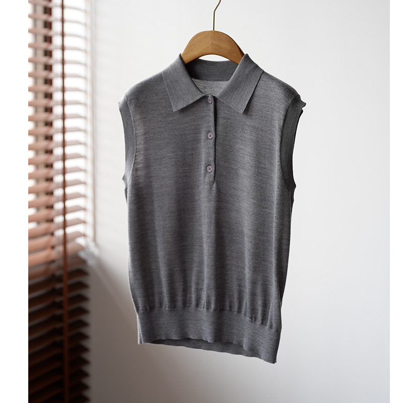 100% Mulberry Silk Knitted Polo Collar Short-Sleeve T-Shirt Base Layer Sweater for Women, Silk Polo Collar Sleeveless Knit Top