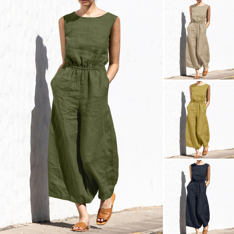 Cotton And Linen Jumpsuit Women Solid Color Sleeveless Pocket High Waist Wide Legs Jumpsuits Casual Commuting Ladies Bodysuits_voghion.com