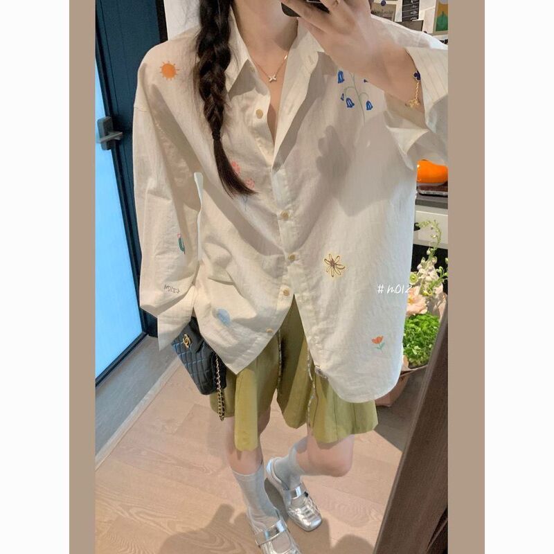 刺绣印花长袖衬衫女上衣女秋2025高级感防晒薄宽松竖条纹通勤百搭|undefined