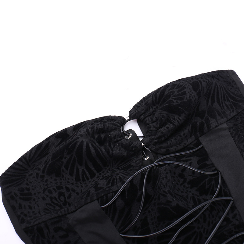 Flocking Lace Up Waist Tube Top Top Trousers Suit Spring Two Piece Suit