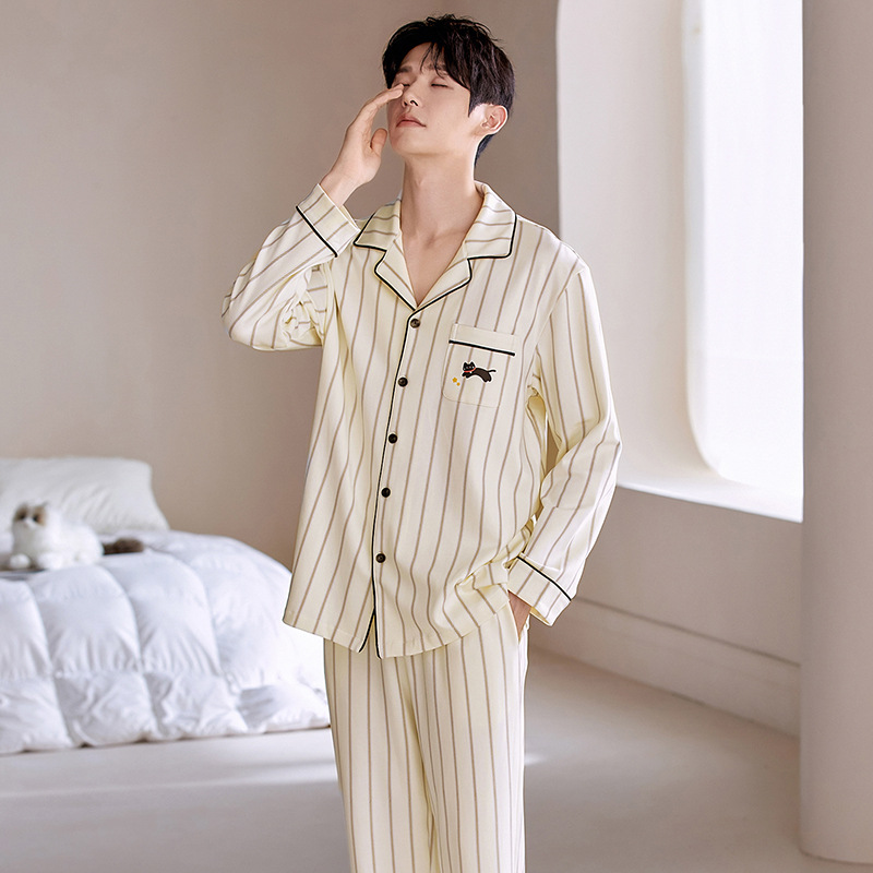 Source Factory Imitation Cotton Spring & Fall Couple's Same Style Long-Sleeved Cardigan Lapel Cardigan Pajamas Men's Cartoon Home Clothes Set