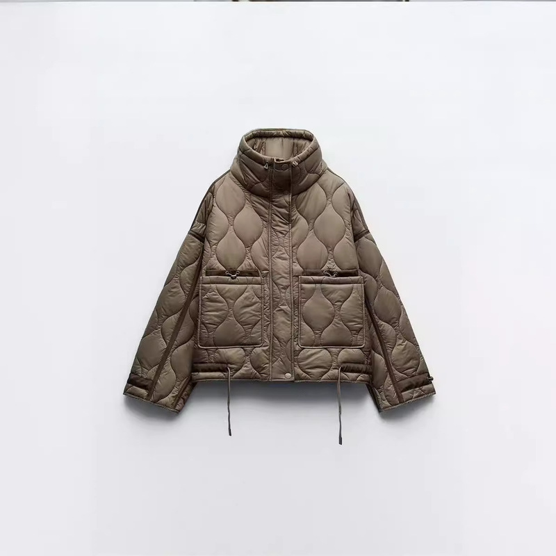 European and American Women's New Loose High Neck Lightweight Quilted Cotton-padded Jacket Coat Contrast Color Casual All-match Cotton-padded Clothes Autumn and Winter