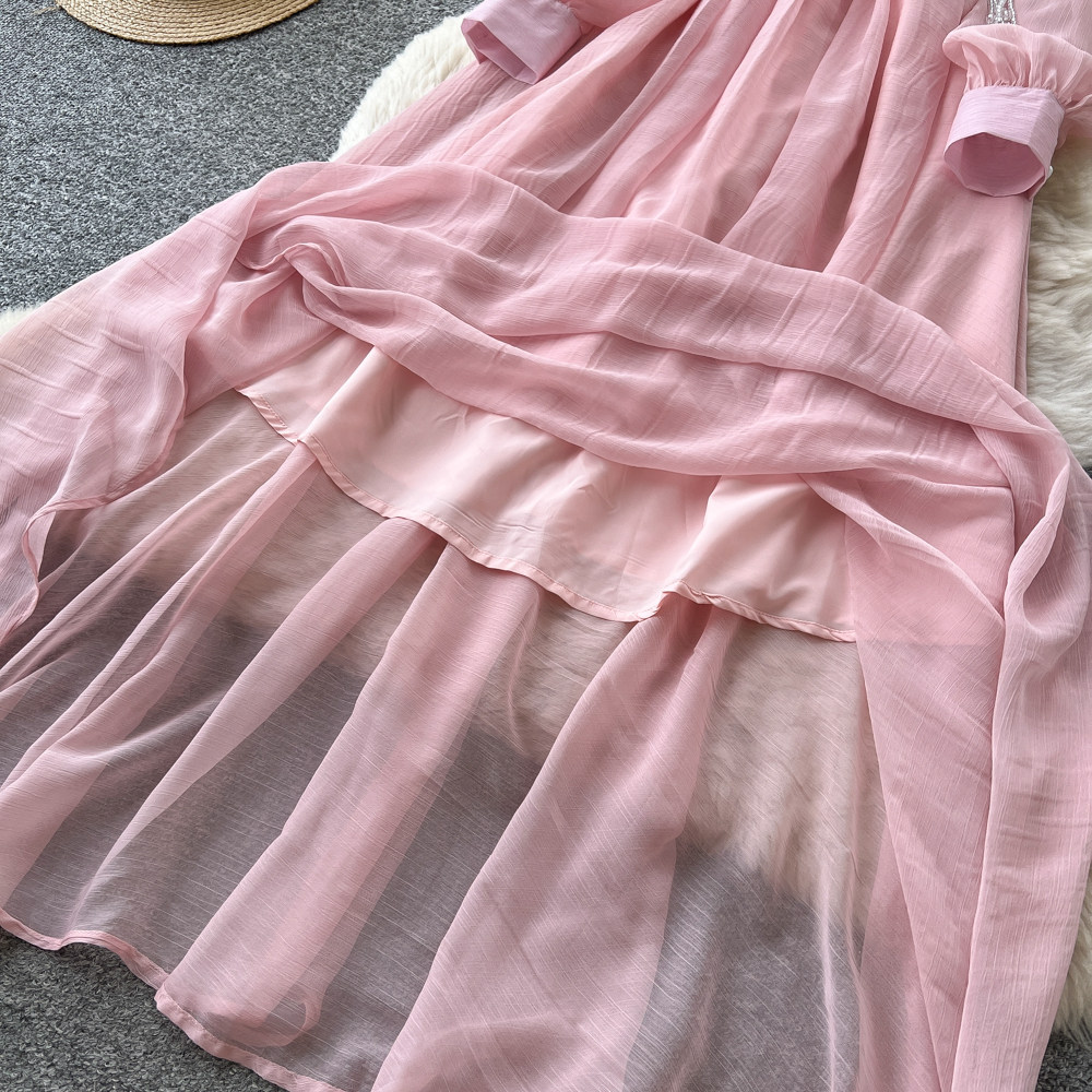 Elegant V Neck Dress Korean Style Rhinestone Embellished Waist Cinching Slimming Sophisticated Long Dress Lantern Sleeve_ecoleips.com