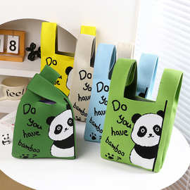 国风潮流百搭手拎休闲托特包可爱熊猫手提包女针织毛线针织袋