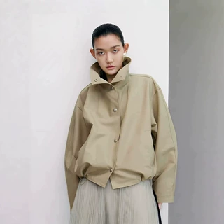 商场同款JN风衣女廓形2026秋新品通勤宽松纯棉立领纯色夹克短外套