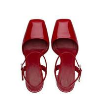 2021夏季新款粗跟高跟鞋方头红色漆皮凉鞋一字式扣带女鞋大码43码