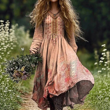 2025新款跨境复古花卉3D印花连衣裙独立站亚马逊V领长袖连衣裙