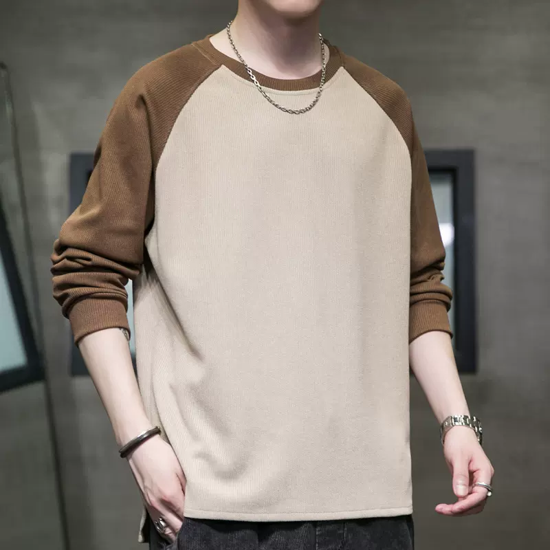 秋季新款男士卫衣插肩袖T恤拼接卫衣男纯色套头个性时尚百搭潮流