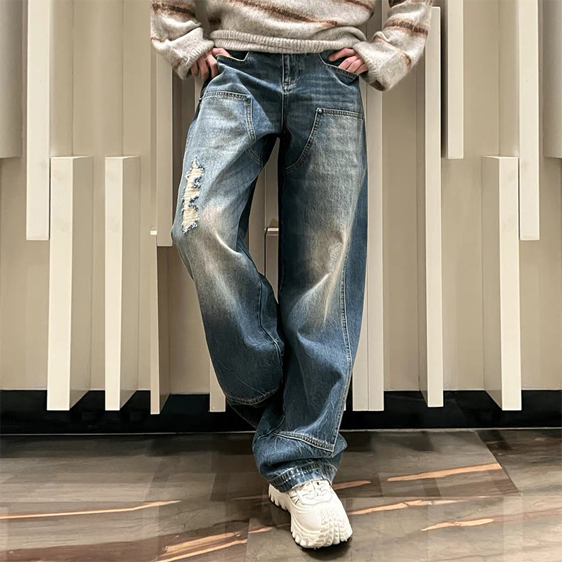 24FW European and American Style Washed Turquoise Baggy Loose Jeans Zhu Yilong Bai Jingting Wang Hedi Cotton