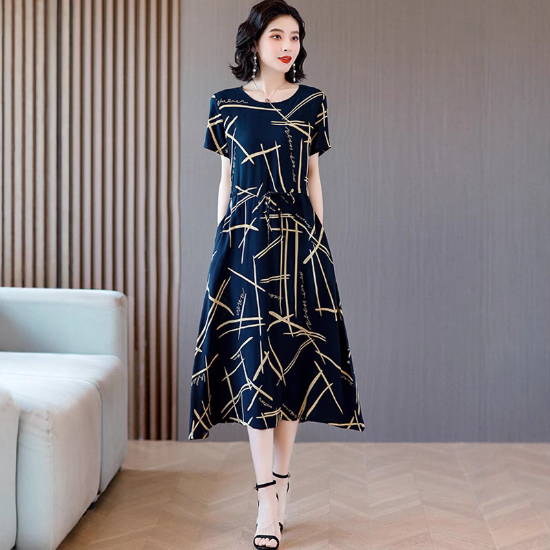 Middle-aged and Elderly Women's Cotton Silk dress 40-50 Year Old Mother's Summer Short-sleeved Loose Mid-length Artificial Cotton Skirt