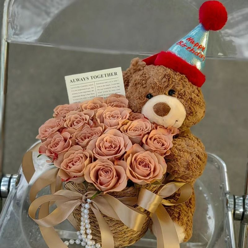 Oso de peluche con flores eternas para regalo de Año Nuevo, oso de peluche con ramo de flores para regalo de cumpleaños para amigas