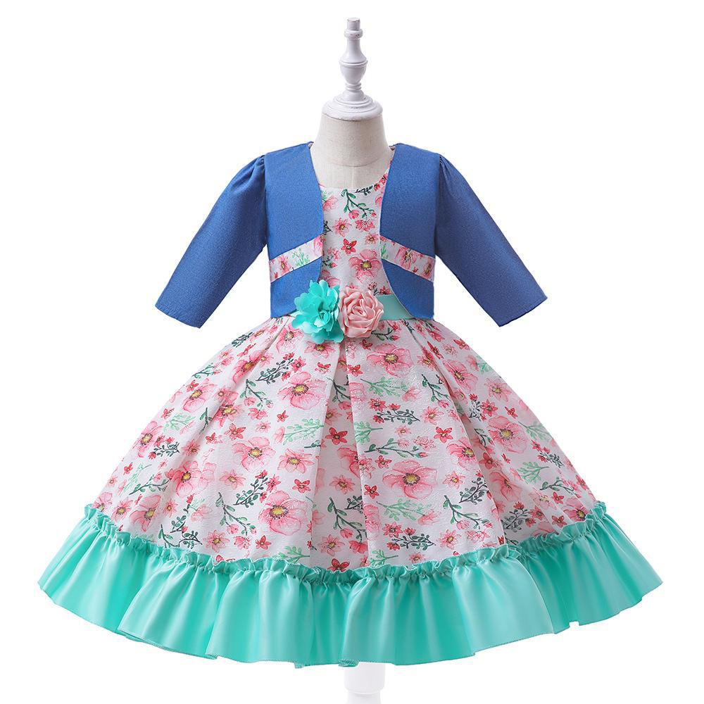 Vestido estampado de dos piezas para niñas de comercio exterior transfronterizo abrigo de manga larga fiesta de cumpleaños vestido de noche vestido de princesa