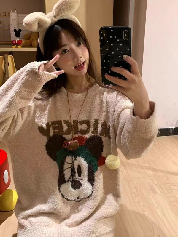Sweet Temperament Fun Cartoon Mickey Mouse Jacquard Crewneck Sweater Female Student Autumn and Winter Knitted Shirt Home Pajamas