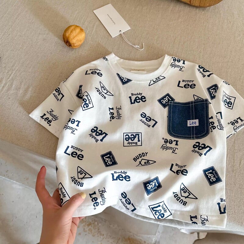 頭の大きいお父さんの子供の半袖のtシャツの夏の男の子の子供は上着のファッションの札の赤ちゃんのポケットの半袖T女性の薄い金をいっぱい印刷します。|undefined