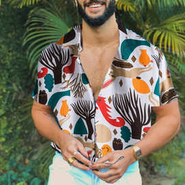 外贸亚马逊wish男装 欧美夏季休闲短袖 个性动物印花男士衬衫