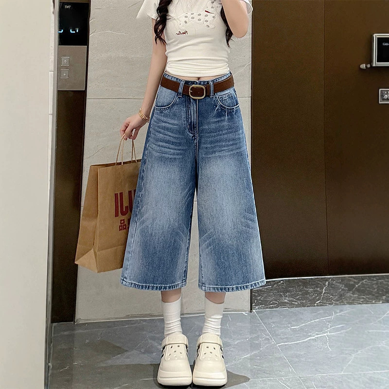 American-style straight-leg denim cropped pants for women, new summer model, plus size, suitable for pear-shaped body types, loose and slimming, high-waisted wide-leg pants American-style straight-leg denim cropped pants for women, new summer model, plus size, suitable for pear-shaped body types, loose and slimming, high-waisted wide-leg pants