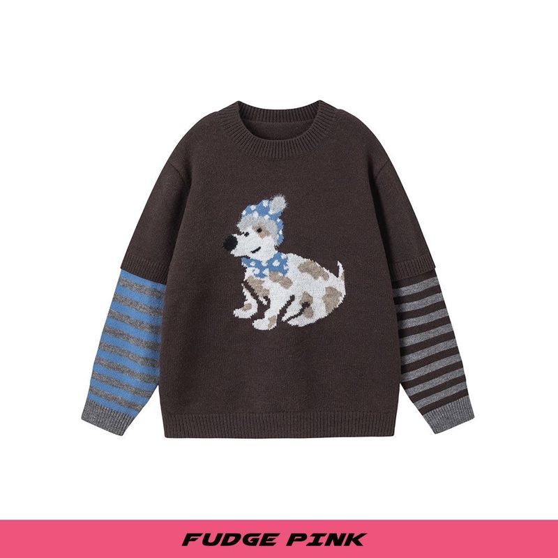 Fudge Pink 25秋季New甜美少女狗狗图案宽松套头毛衣|undefined