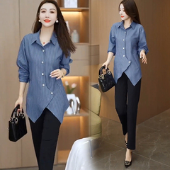 Striped long-sleeved shirt for women in 2024 autumn new style, loose and slimming, medium-length irregular shirt