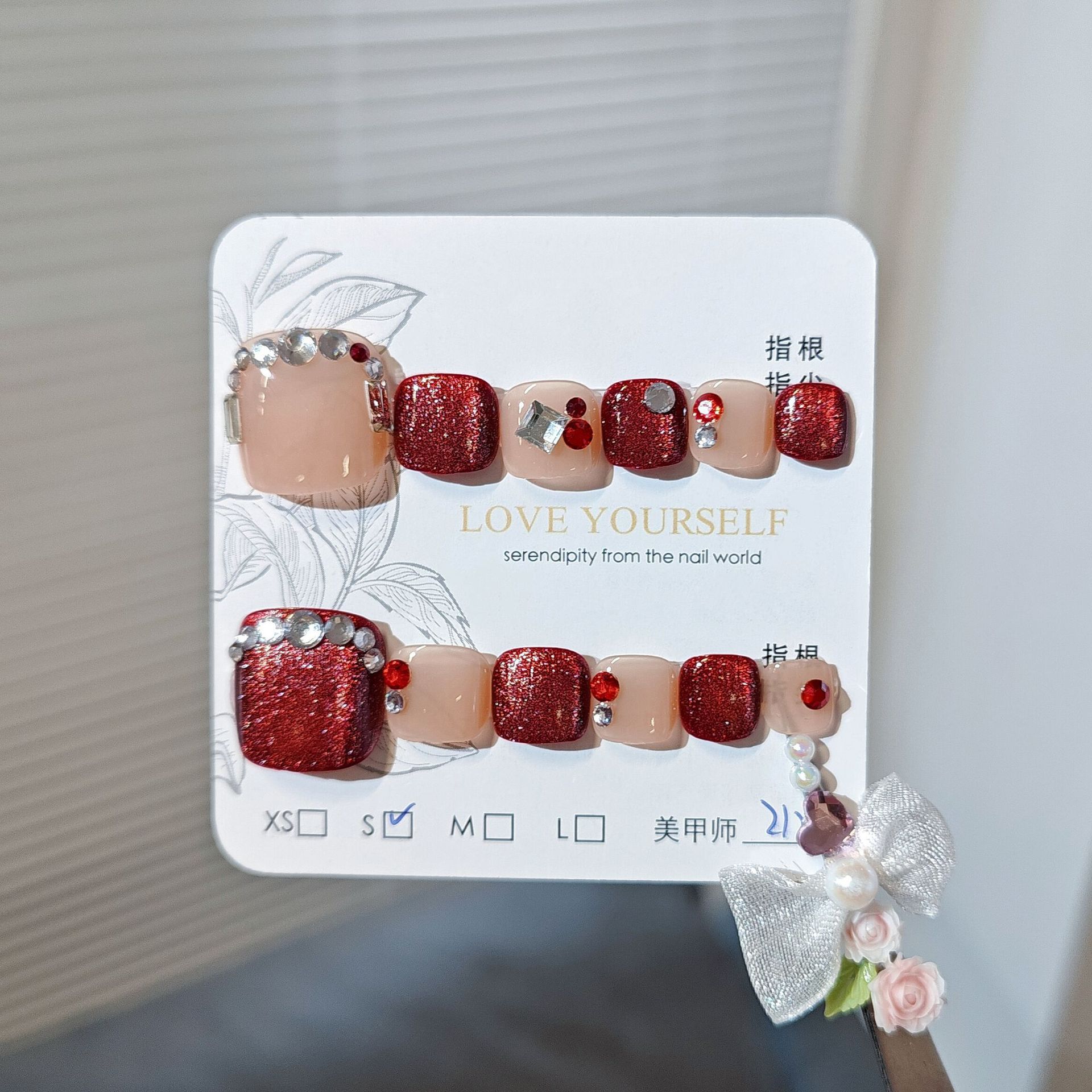 12 piezas de armadura de pie hecha a mano, nuevo estilo de verano, ojos de gato rojo blanco, uñas de pie, uñas de fototerapia, uñas, productos terminados