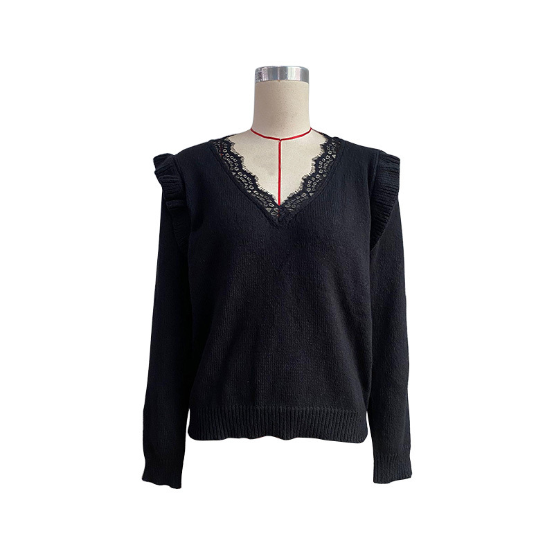 Pullover maglione a maniche lunghe patchwork in pizzo nero con scollo a V_voghion.com