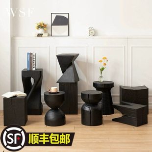 Carbonized Solid Wood Pier Log Stool Living Room Coffee Table Homestay Bedside Table Solid Wood Ornaments Stump Black Corner Table