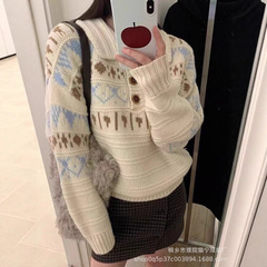 文艺复古风 软糯羊驼绒提花毛衣女秋冬新款 翻领针织衫宽松套头衫