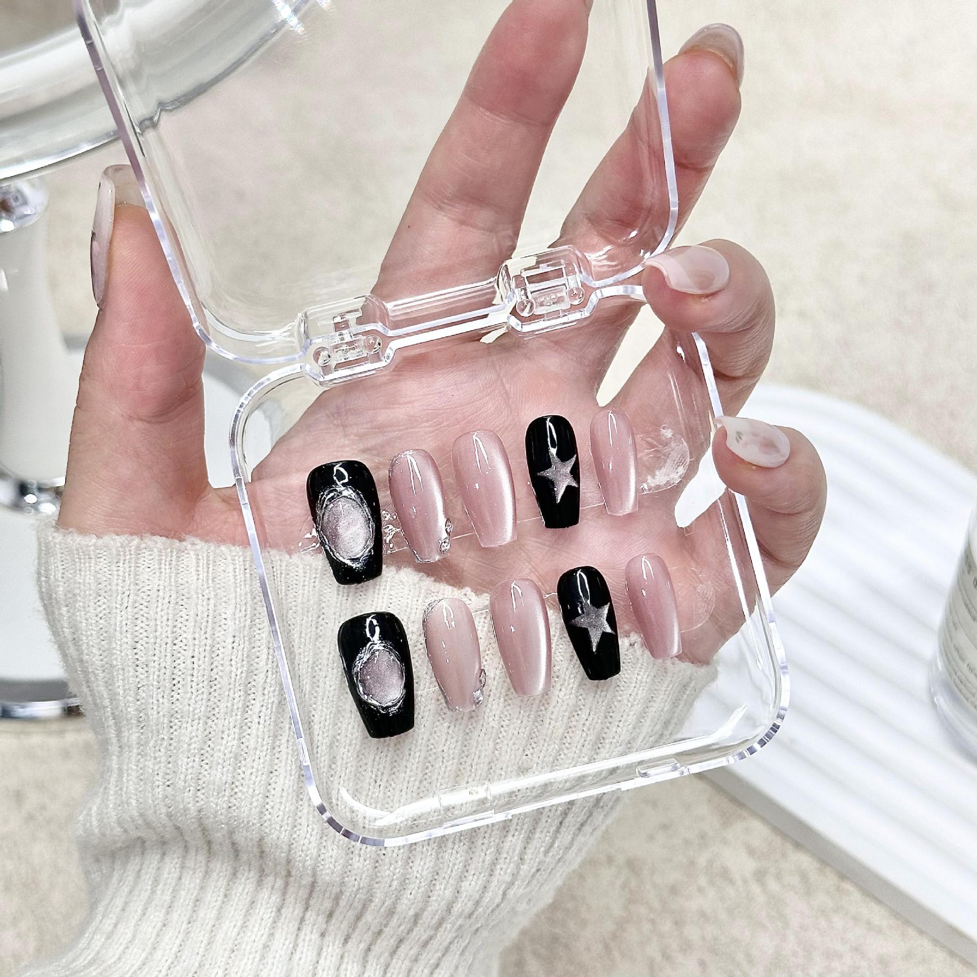 Caja de almacenamiento de uñas de desgaste hecho a mano cubierta transparente fondo rosa pieza de uñas de acrílico desgaste caja de embalaje de uñas al por mayor