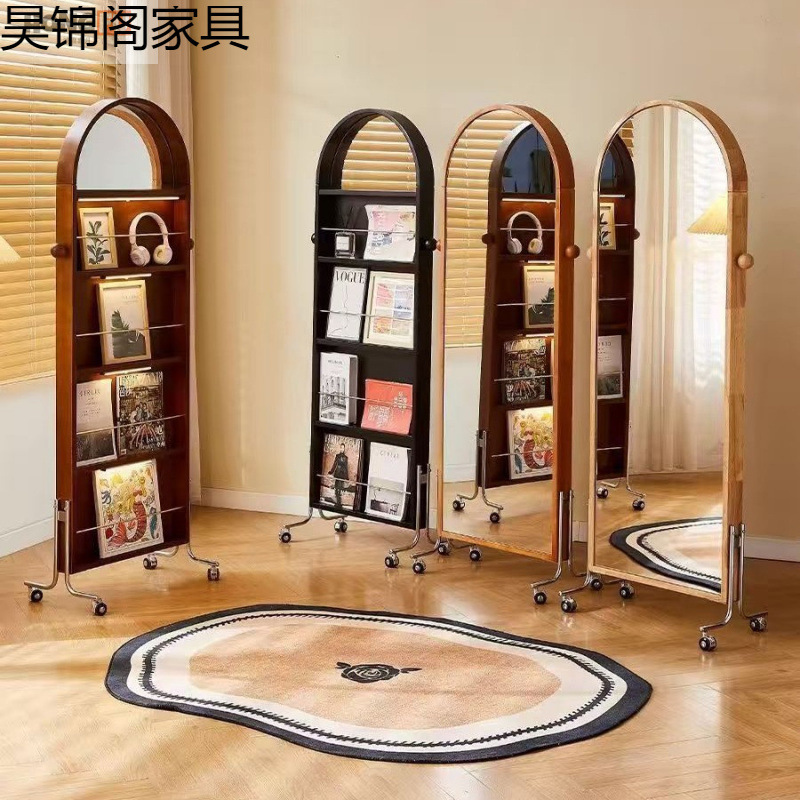 中古实木可移动全身镜家用置物架杂志架复古落地旋转穿衣镜全身镜|undefined