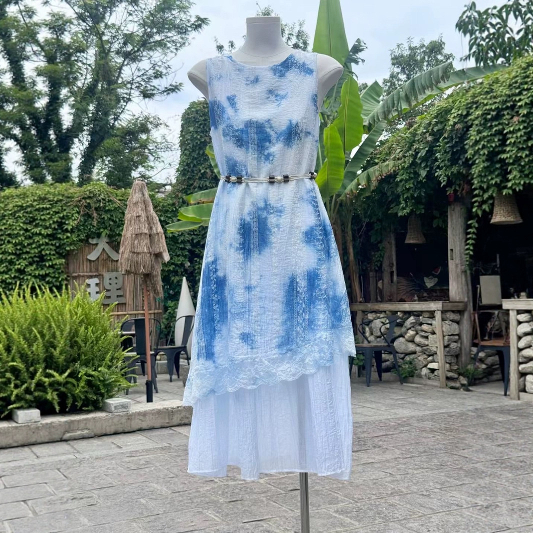 扎染吊带裙云南贵州手工扎染植物染民族风蕾丝吊带连衣裙沙滩裙