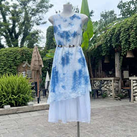 扎染吊带裙云南贵州手工扎染植物染民族风蕾丝吊带连衣裙沙滩裙