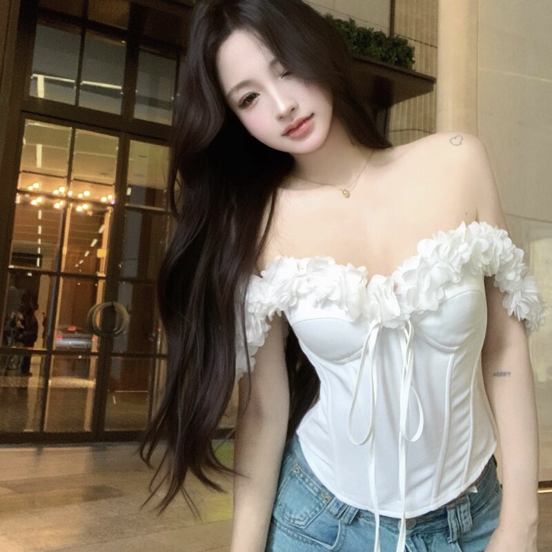 纯欲风辣妹蕾丝花边无袖背心女夏季新款修身显瘦白色抹胸鱼骨上衣|undefined
