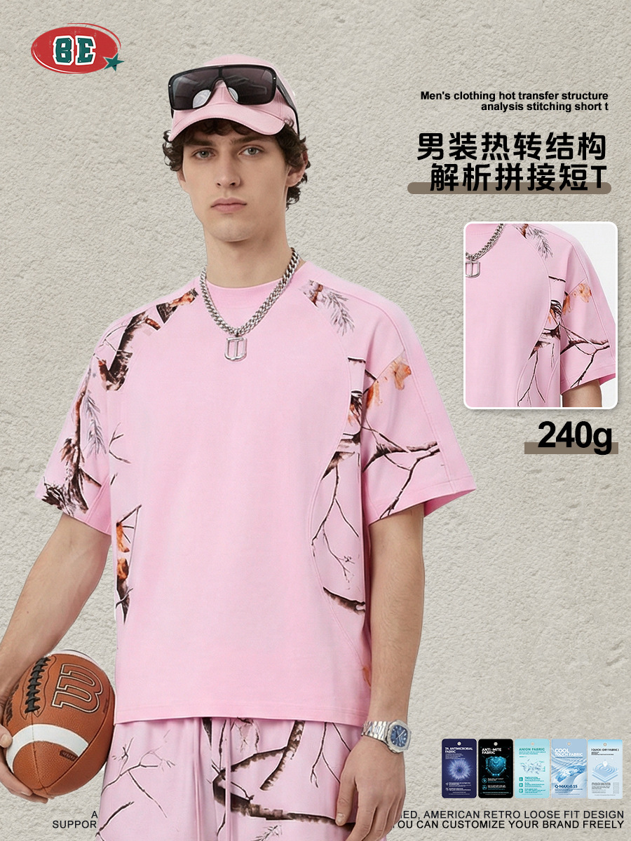 Be Hombres| Nuevo primavera y verano americano hoja de transferencia térmica empalmado camiseta de manga corta deportiva secado rápido t chaqueta casual hombre image 3