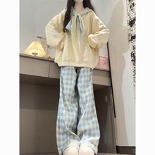 春秋冬季中大女童学院风格子裤绑带连帽卫衣宽松洋气百搭两件套装