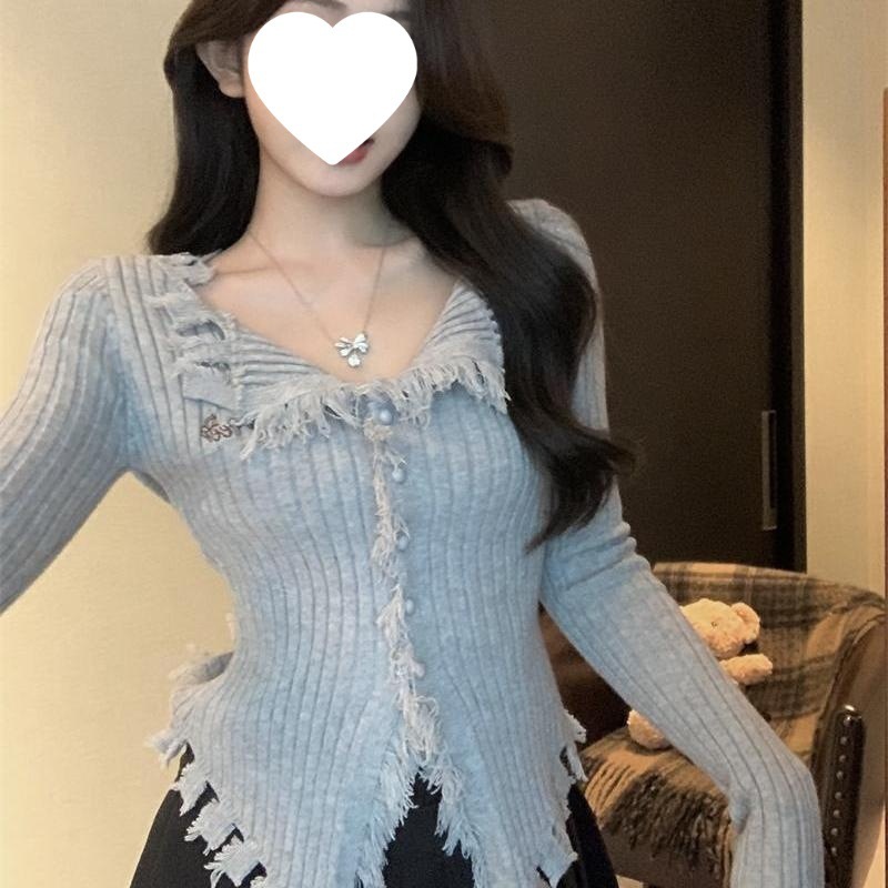 设计感流苏v领开衫毛衣外套女秋冬小众高级感坑条针织打底衫上衣|undefined