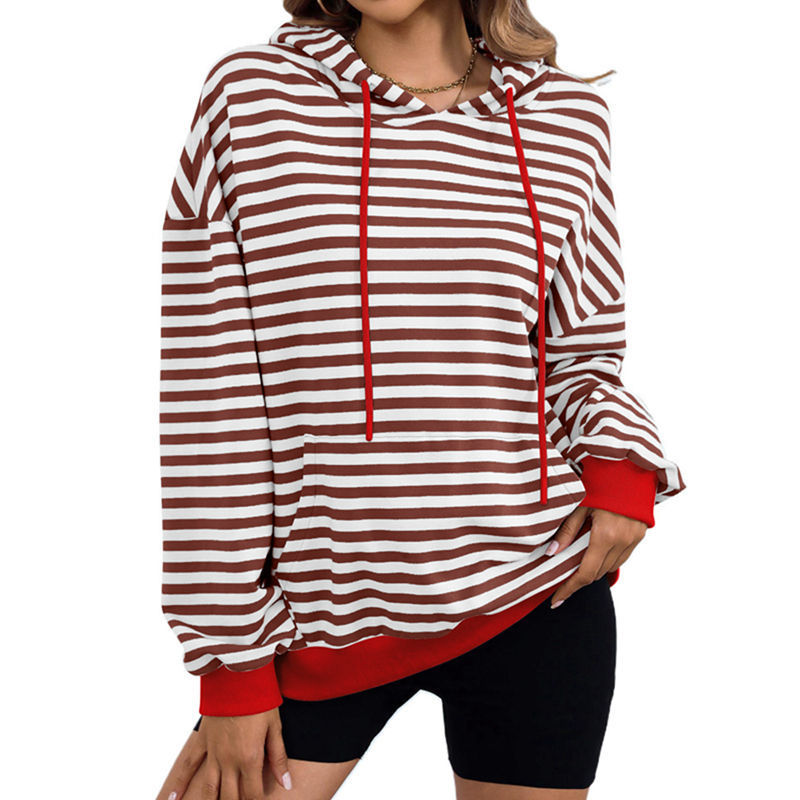 Autumn And Winter Printed Striped Hooded Color Block Pocket Sweatshirt_voghion.com