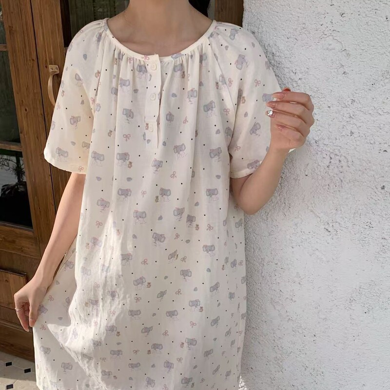 Spring and Summer New Korean Style Double-Layer Cotton Yarn Class a Aerobic Yarn Home Skirt Sweet Button Round Neck Short-Sleeved Nightgown for Women Spring and Summer New Korean Style Double-Layer Cotton Yarn Class a Aerobic Yarn Home Skirt Sweet Button Round Neck Short-Sleeved Nightgown for Women