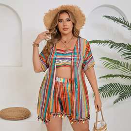 欧美跨境2025新款大码泳衣度假自由搭配性感印花流苏抹胸多件套装