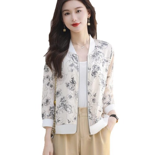 UV-proof thin breathable chiffon zipper sunscreen clothes large size loose short long sleeve women's floral jacket