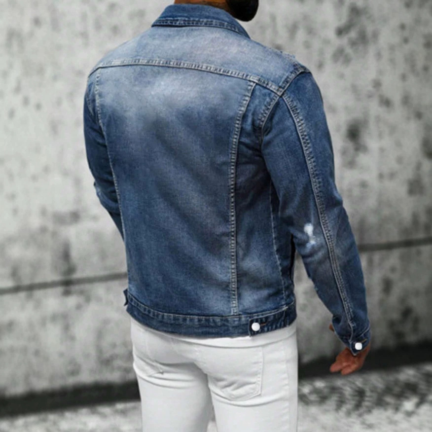 Veste en jean slim pour homme, idéale pour le printemps, en polyester légèrement extensible._voghion.com