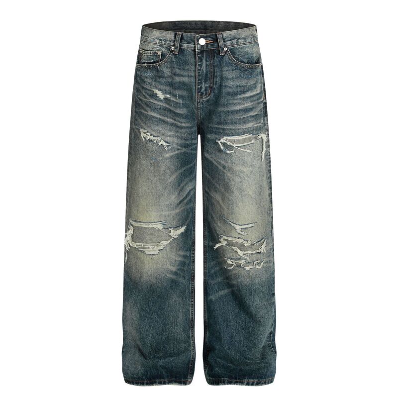 Z029 American High Street Retro Men's and Women's High-End Washed Blue Ripped Design Men's Loose Scimitar Jeans Z029 American High Street Retro Men's and Women's High-End Washed Blue Ripped Design Men's Loose Scimitar Jeans