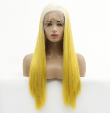 Europa y América de moda damas mitad gancho de mano frente encaje sombrero de color amarillo largo cabello recto peluca fábrica al por mayor LW0171