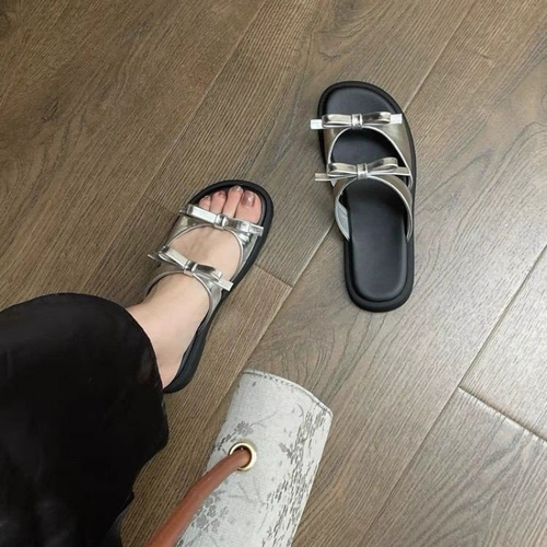 Bow tie flat slippers for women's summer wear 2026 new fashionable all-matching open-toe single-string sandals women's shoes
