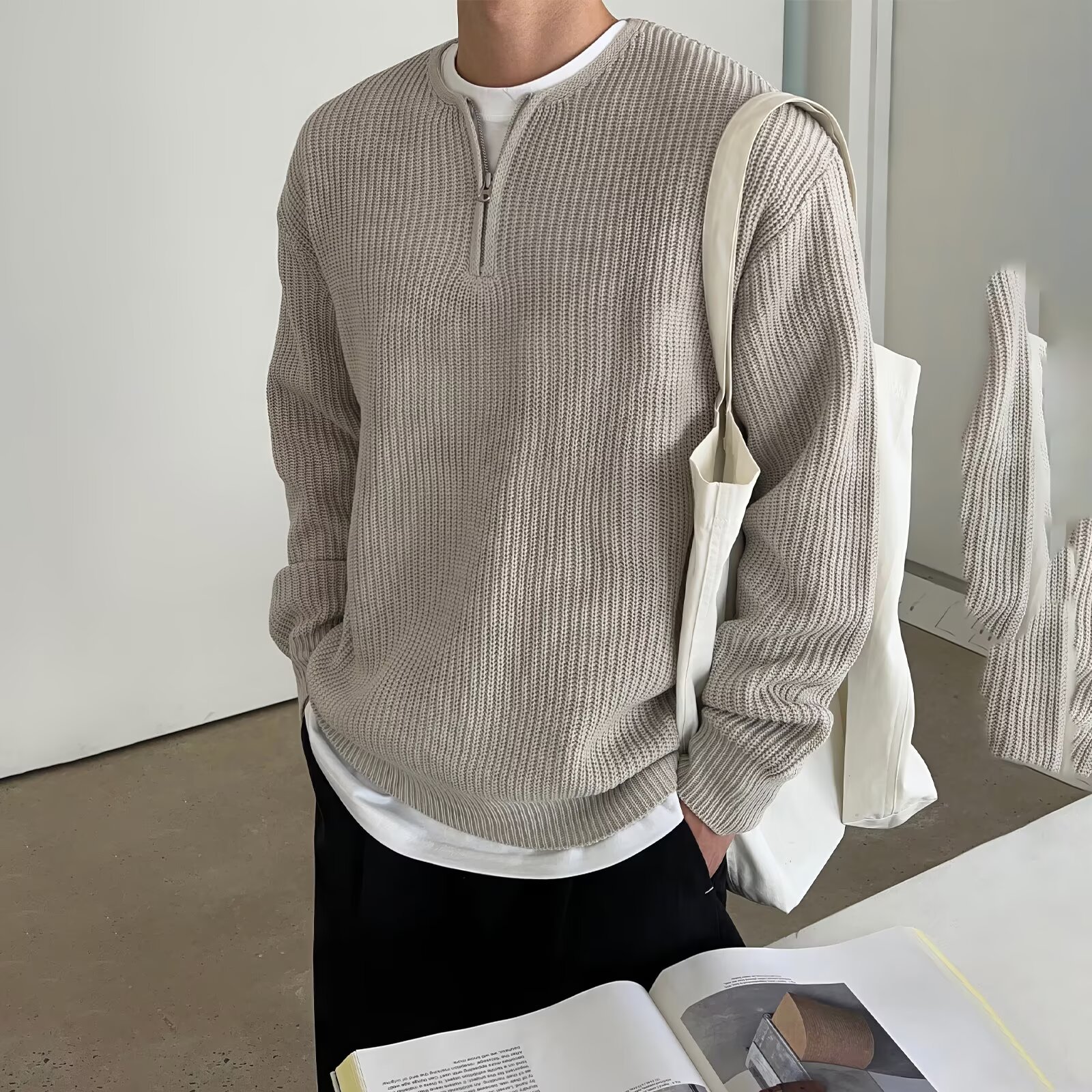 Half-Zip Knitwear Men's Autumn and Winter Japanese Style Retro High-End Lazy Style Collarless Knitwear Loose Casual Knitwear