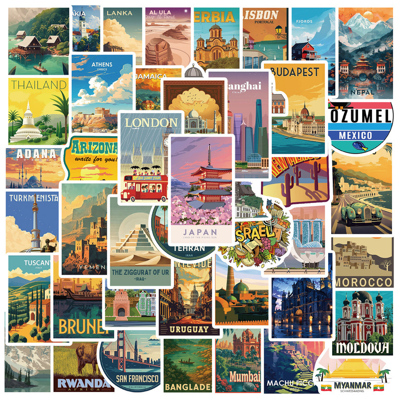 50 Sheets/2 Types of World Landmarks Stickers, Travel Attractions Stickers, Graffiti, Laptop, Bicycle, Water Cup