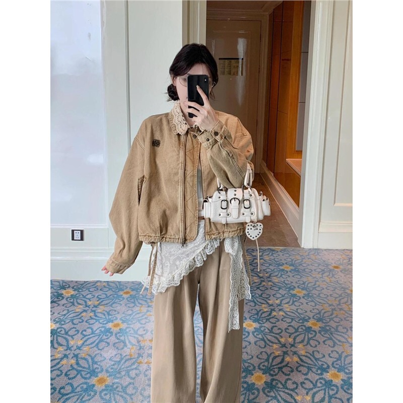 重工美式复古短款拼接牛仔外套女2025新款女款春超百搭夹克上衣潮|undefined