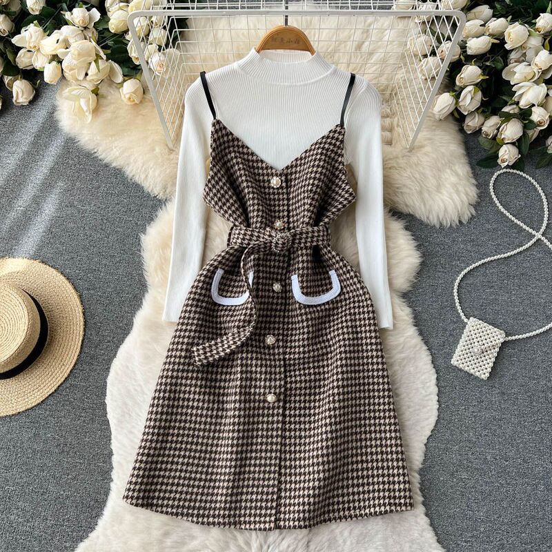 Autumn Chanel-Style Women's High-Neck Solid Color Knit Sweater + Houndstooth Camisole Dress Two-Piece Set Trendy
