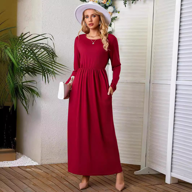 2024 Autumn/Winter New Amazon Cross-Border Supply Round Neck Long Sleeve Solid Color Casual Pocket Dress Floor-Length Dress